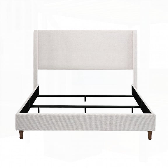 King Size Upholstered Wingback Bed with Textured Ivory Canvas, No Wooden Slats, Box Spring Required, for Bedroom