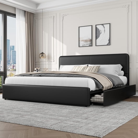King Upholstered Faux Leather Platform Bed Frame with Headboard Low Profile Design with Storage Drawers Wood Slat Support No Box Spring Required, PU Black