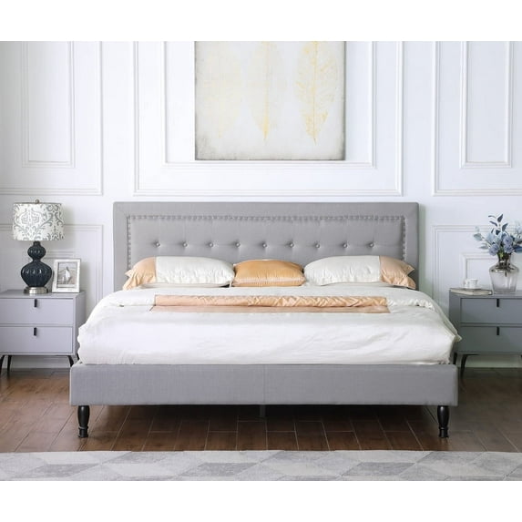 Oliver and Smith King Upholstered Platform Bed Frame -Tufted Linen 43.5'' Headboard Wood Slats - Storage Space Easy Assembly No Box Spring Needed Grey (ATHENA)