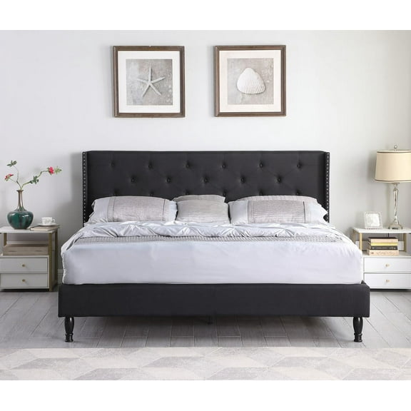 King Upholstered Platform Bed Frame with 45" Tall Headboard - Button Tufted Linen Bed - Black - Oliver & Smith - Kendall