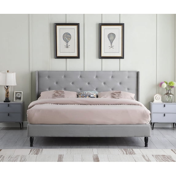 King Upholstered Platform Bed Frame with 45" Tall Headboard - Button Tufted Linen Bed - Gray - Oliver & Smith - Kendall