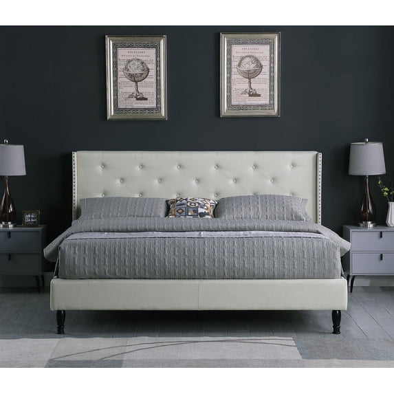 King Upholstered Platform Bed Frame with 45" Tall Headboard - Button Tufted Linen Bed - Light Beige - Oliver & Smith - Kendall