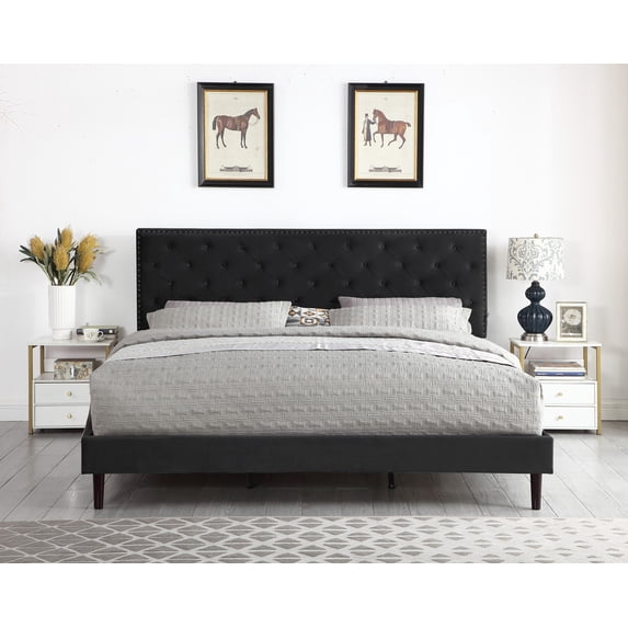 King Upholstered Platform Bed Frame with 48" Tall Adjustable Headboard - Button Tufted Suede Bed - Black - Oliver & Smith - Princeton