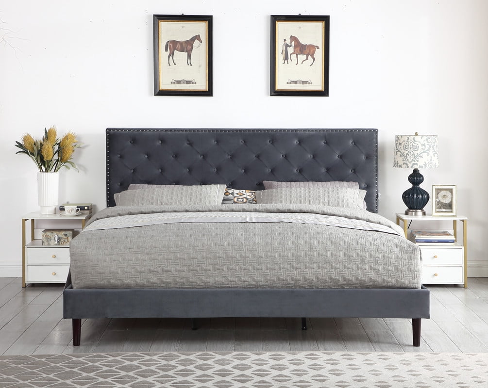 King Upholstered Platform Bed Frame with 48 Tall Adjustable Headboard Button Tufted Suede Bed Gray Oliver Smith Princeton