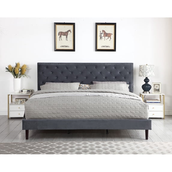 King Upholstered Platform Bed Frame with 48" Tall Adjustable Headboard - Button Tufted Suede Bed - Gray - Oliver & Smith - Princeton