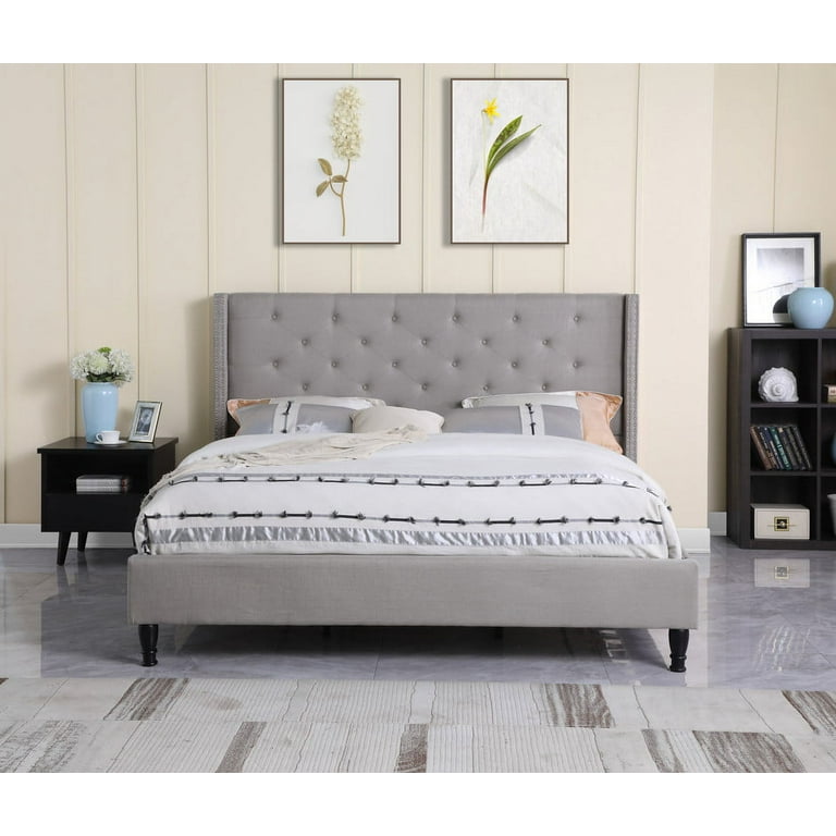 King Upholstered Platform Bed Frame with 51 Tall Headboard Button Tufted Linen Bed Grey Oliver Smith Astor