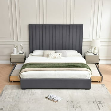 King Upholstered Platform Bed Frame with 61.42“ Tall Headboard, Vertical Channel Tufted, Velvet Fabric, No Box Spring Needed, Easy Assembly, Grey