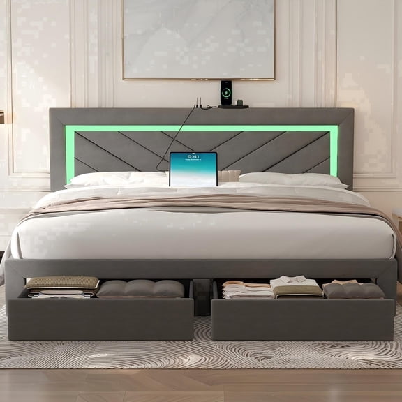 NHIXSOM King Upholstered Platform Bed Frame with LED Lights and Storage, Velvet Adjustable Headboard, Grey