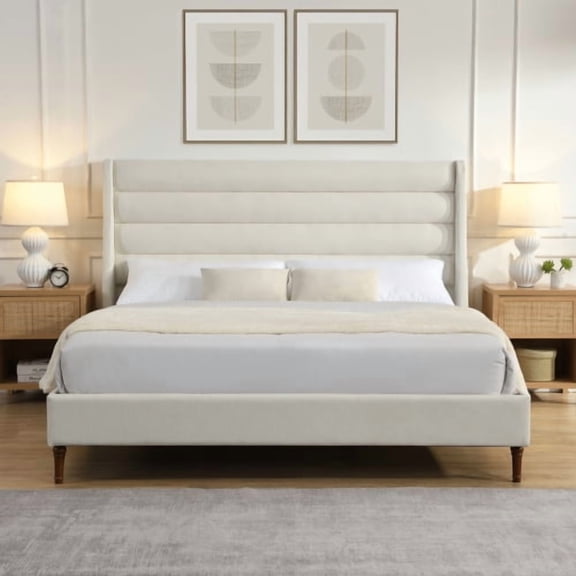 King Upholstered Platform Bed, Modern Minimalist Bed Frame with High Wavy Headboard, Premium Chenille Fabric, No Box Spring Needed, Ivory