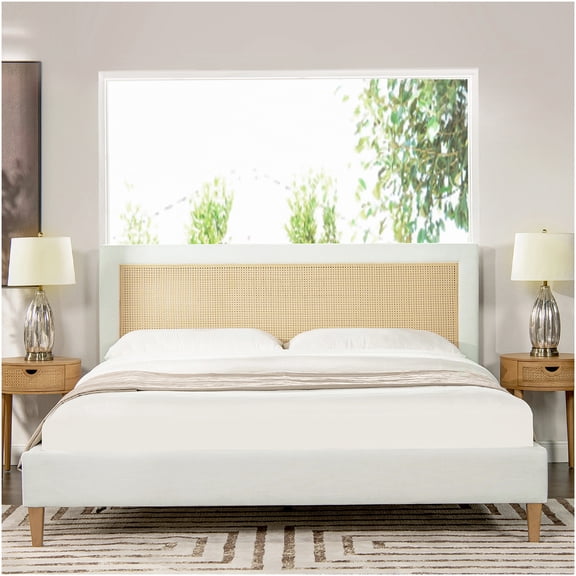 King Upholstered Platform Bed with Cane Headboard, Antique White Finish, No Box Spring Needed, Sturdy Wood Frame & Adjustable Base Support