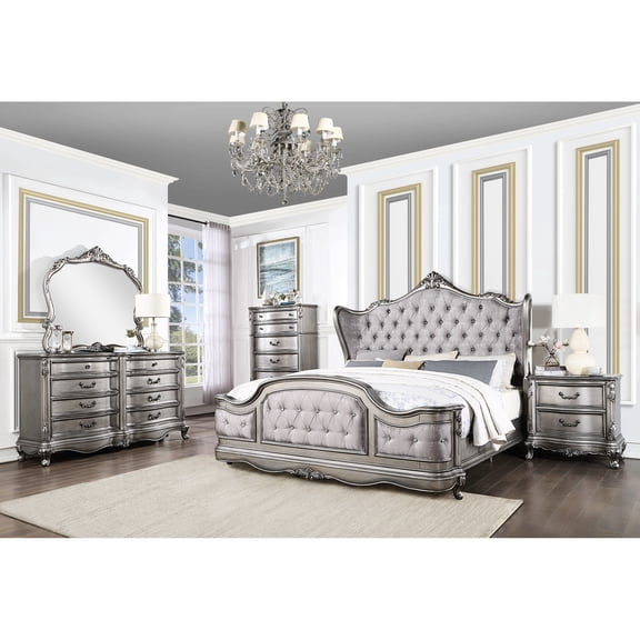 . King Velvet Bed - Elegant Antique Silver Accents, Padded Head And Footboards With Fine Tufting, Synthetic Wood Construction For Durability Upholstery, A Restful Comfortable Night, Crafted From