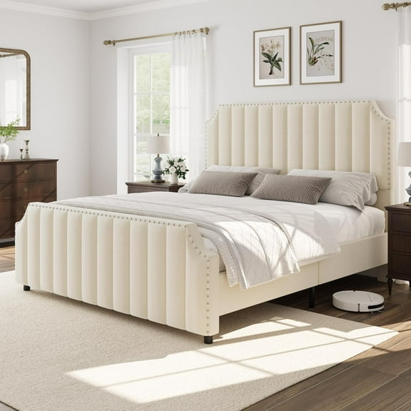 King Velvet Upholstered Platform Bed Frame with 50" Headboard, Channel Tufted, Nailhead Trim, Cream, No Box Spring
