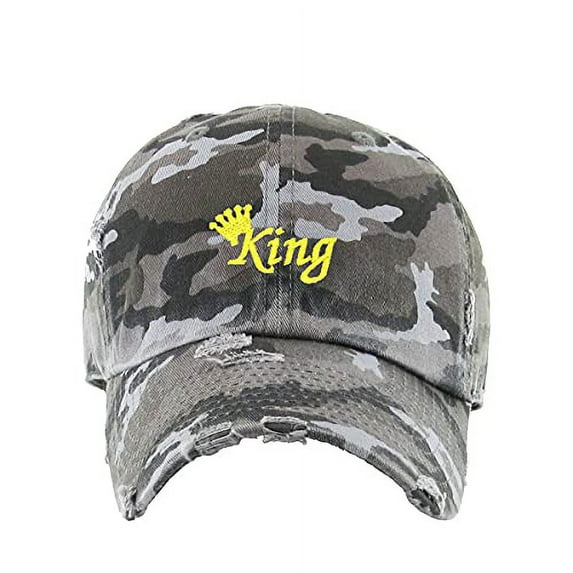 King Vintage Baseball Cap Embroidered Cotton Adjustable Distressed Dad Hat Gray Camo