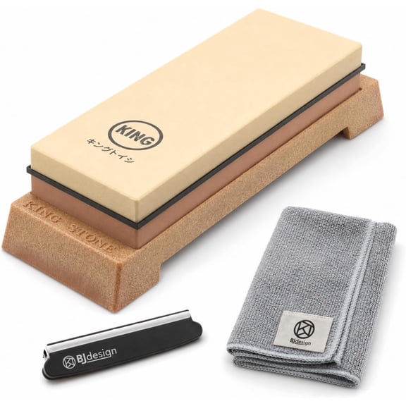 King Whetstone Set, 1000/6000 Grit, Made in Japan, 4 Pieces | Knife angle holder, wiping cloth, stable plastic base, for kitchen knife sharpening, beginner-friendly, scissors, chisels