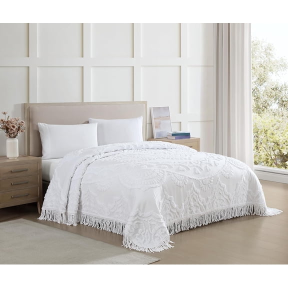 King, White, Lotus Medallion 100% Cotton Chenille Bedspread, Soft, Cozy, Lightweight, Fringe