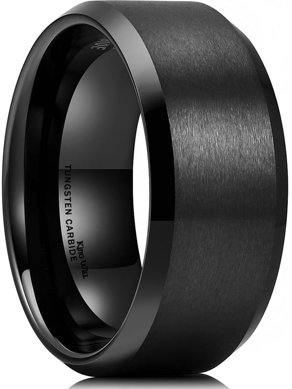 10mm Men's Black Wedding Ring - Brushed Matte Surface, Beveled Polished Edge, Comfort Fit Size 7