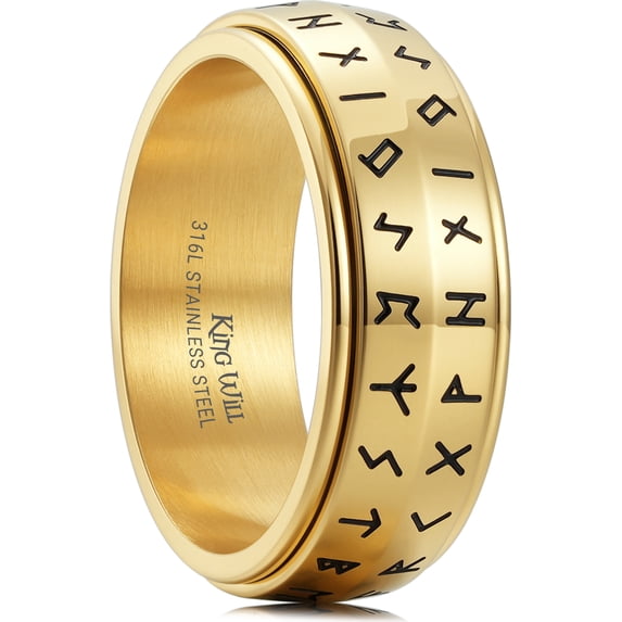 King Will 316L Stainless Steel Gold Plated Fidget Rings for Men Women, 8mm Spinner Anxiety Rings for Stress Free with Norse Viking Runes High Polished Stepped Edges Comfort Fit, Size 9