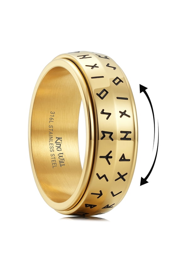 316L Stainless Steel Gold Plated Fidget Rings for Men Women, 8mm Spinner Anxiety Rings for Stress Free with Norse Viking Runes High Polished Stepped Edges Comfort Fit, Size 10