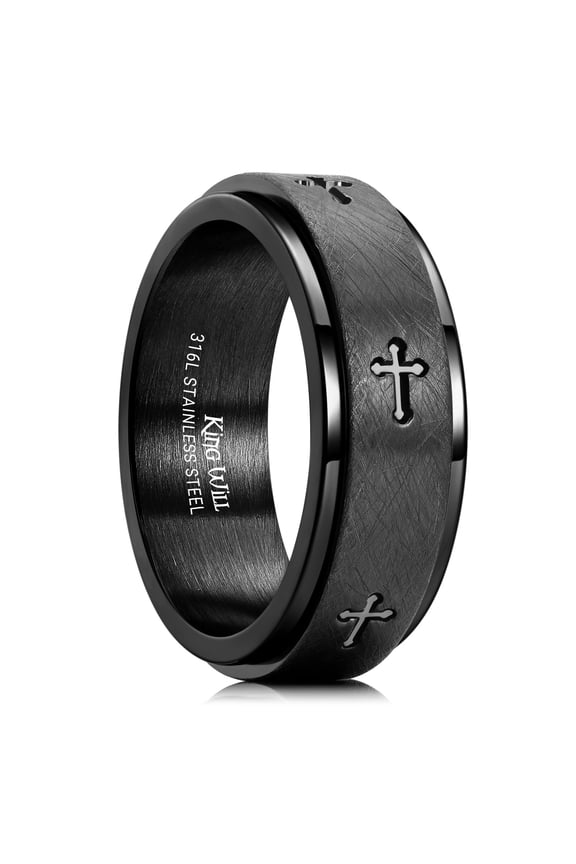 316L Stainless Steel Fidget Spinner Rings - 8mm With Black Cross Lord's Prayer Wedding Band Ring Stress Relief Rings Brushed Finish Comfort Fit Size 10