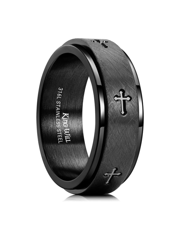 316L Stainless Steel Fidget Spinner Rings - 8mm With Black Cross Lord's Prayer Wedding Band Ring Stress Relief Rings Brushed Finish Comfort Fit Size 10