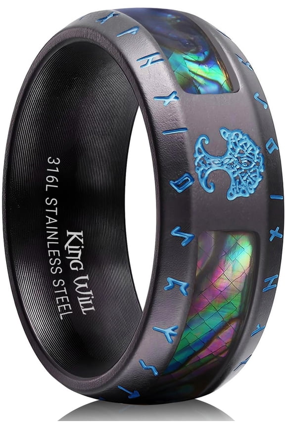 316L Stainless Steel Men Wedding Band-Viking Men Ring with Tree of Life Rune Design and Abalone Shell Inlay, 8mm Wedding Ring Vintage Black Finish Hypoallergenic and Comfort Fit Size 12