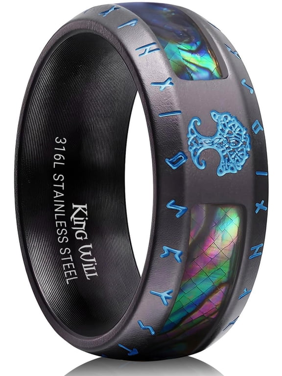 316L Stainless Steel Men Wedding Band-Viking Men Ring with Tree of Life Rune Design and Abalone Shell Inlay, 8mm Wedding Ring Vintage Black Finish Hypoallergenic and Comfort Fit Size 12