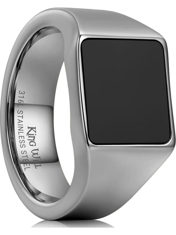 316L Stainless Steel Signet Ring for Men- Steel Silver Plated Thumb Pinky Biker Band Ring with Natural Dark Black Square Stones Inlaid Comfort Fit and Durable Wedding Band Size 10