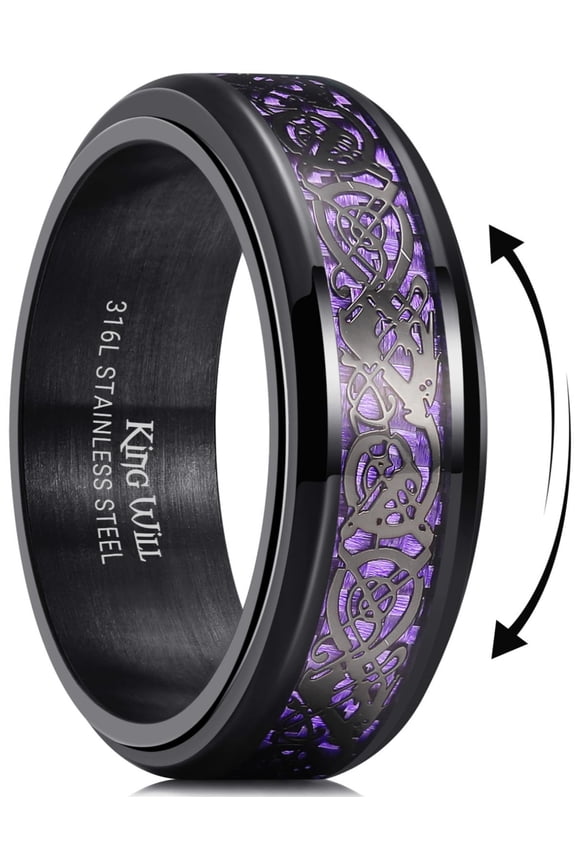 316L Stainless Steel Spinner Fidget Ring 8mm Wedding Band for Men-Stress Relieving Anxiety Ring with Black Celtic Dragon Purple Carbon Fiber Inlay, Comfor Fit Size 10
