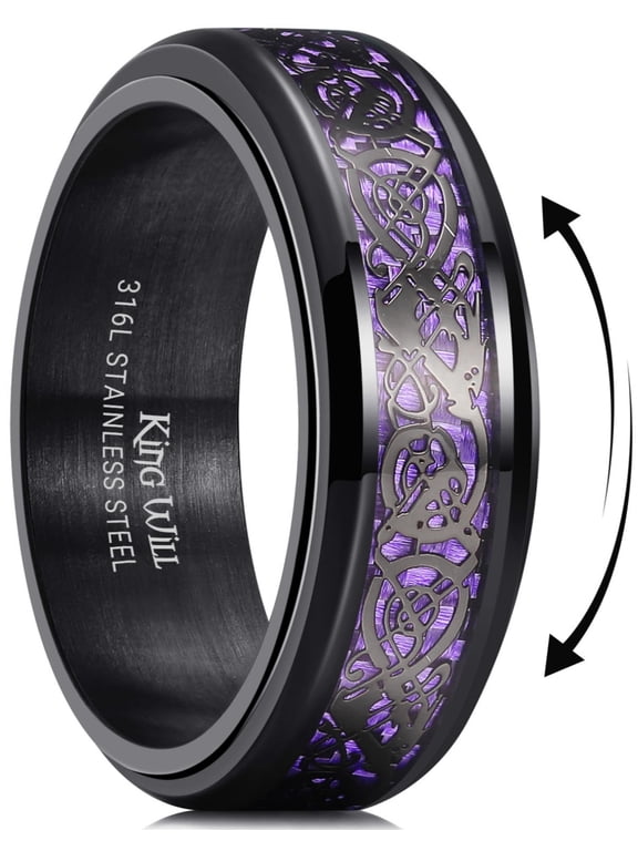 316L Stainless Steel Spinner Fidget Ring 8mm Wedding Band for Men-Stress Relieving Anxiety Ring with Black Celtic Dragon Purple Carbon Fiber Inlay, Comfor Fit Size 12