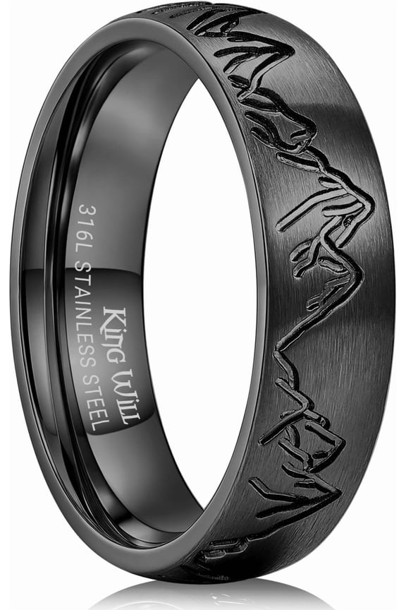 316L Stainless Steel Wedding Band for Men Women - 6mm Black Plated Brushed Finish Inlay Mountains Pattern for Everyday Wear Comfort Fit Size 10