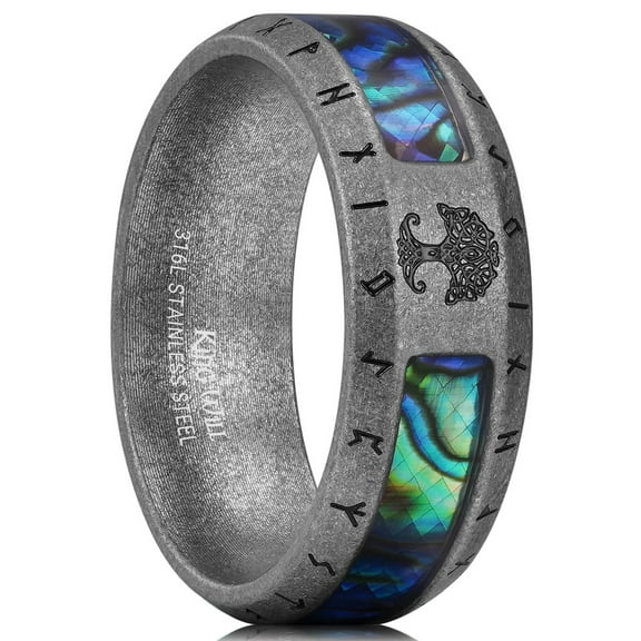 King Will 316L Stainless Steel Wedding Band - Viking Men Ring Tree of Life Rune Design and Abalone Shell Inlay, 8mm Men Ring Vintage Grey Finish Hypoallergenic and Comfort Fit Size 10