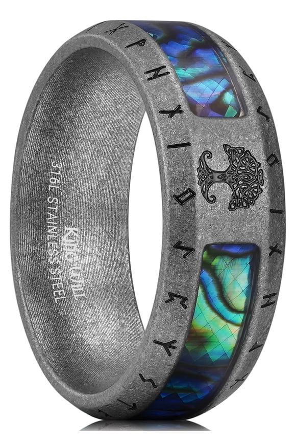 316L Stainless Steel Wedding Band - Viking Men Ring Tree of Life Rune Design and Abalone Shell Inlay, 8mm Men Ring Vintage Grey Finish Hypoallergenic and Comfort Fit Size 10