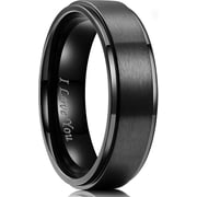 King Will 316L Stainless Steel Wedding Ring for Men Women- 6mm Width Black Wedding Band I Love You Engraved Step Edge St