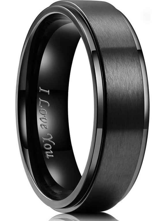 316L Stainless Steel Wedding Ring for Men Women- 6mm Width Black Wedding Band I Love You Engraved Step Edge Style Comfort Fit Size 12