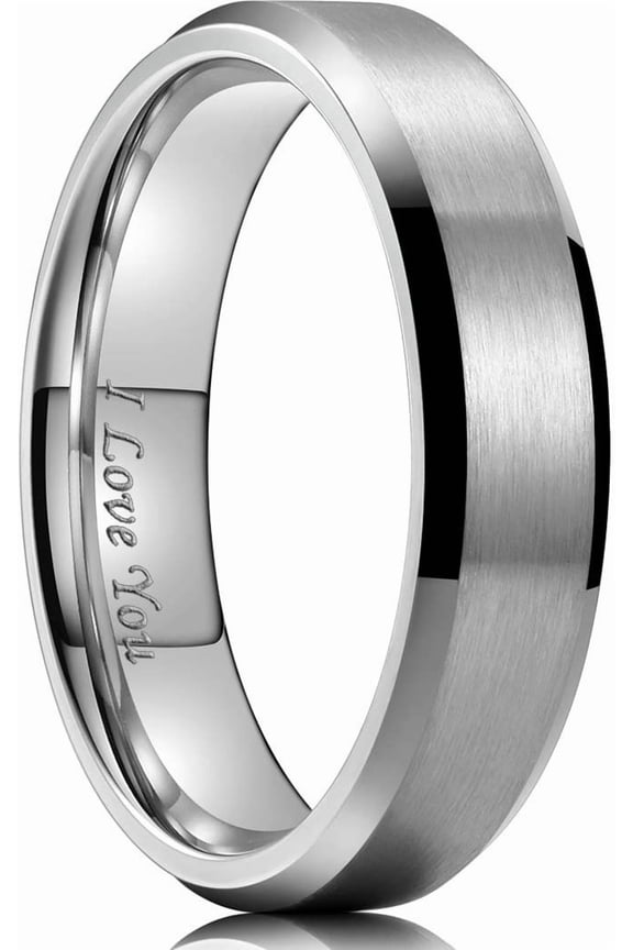 316L Stainless Steel Wedding Ring for Men Women- 6mm Width Sliver Wedding Band I Love You Engraved Matte Finish & Polished Beveled Edge Style Comfort Fit Size 10