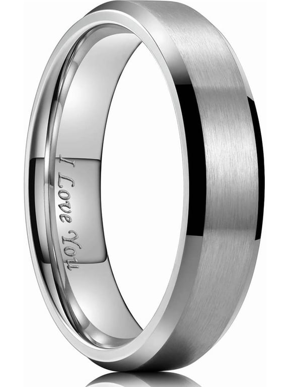 316L Stainless Steel Wedding Ring for Men Women- 6mm Width Sliver Wedding Band I Love You Engraved Matte Finish & Polished Beveled Edge Style Comfort Fit Size 10