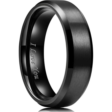 King Will 316L Stainless Steel Wedding Ring for Men Women- 7mm Width Black Wedding Band I Love You Engraved Matte Finish & Polished Beveled Edge Style Comfort Fit Size 10