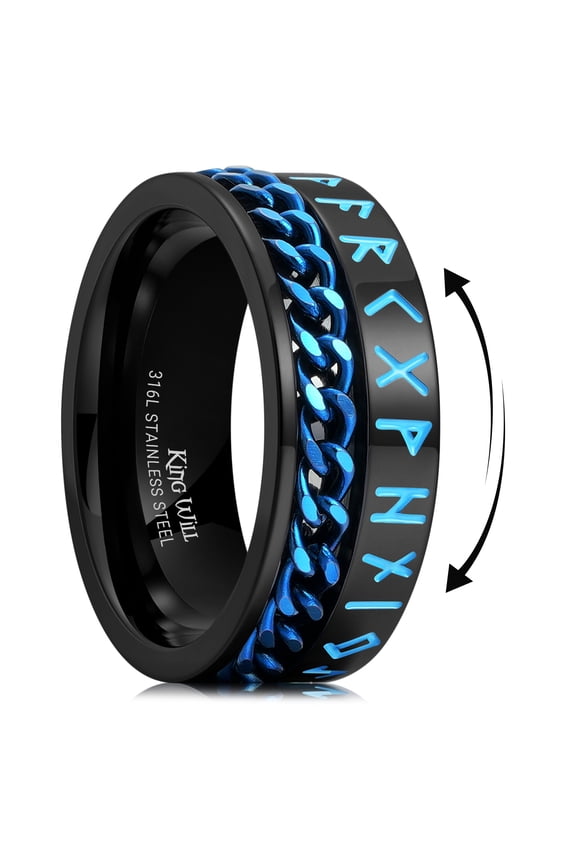 316L Stainless Steel Wedding Ring for Men Women - 8mm Width Black Spinner Fidget Ring with Chain Inlay and Blue Viking Pattern, Durable Mens Ring Comfort Fit Size 10