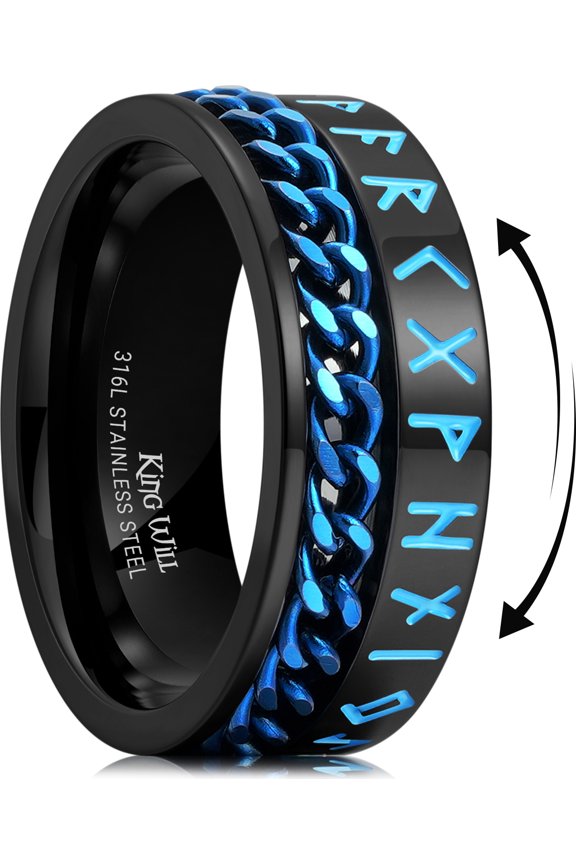 316L Stainless Steel Wedding Ring for Men Women - 8mm Width Black Spinner Fidget Ring with Chain Inlay and Blue Viking Pattern, Durable Mens Ring Comfort Fit Size 10