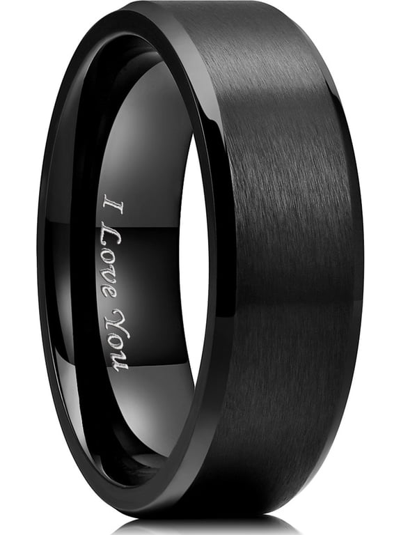 316L Stainless Steel Wedding Ring for Men Women- 8mm Width Black Wedding Band I Love You Engraved Matte Finish Beveled Edge Style Comfort Fit Size 10