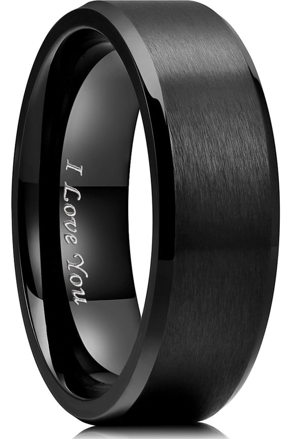 316L Stainless Steel Wedding Ring for Men Women- 8mm Width Black Wedding Band I Love You Engraved Matte Finish Beveled Edge Style Comfort Fit Size 10