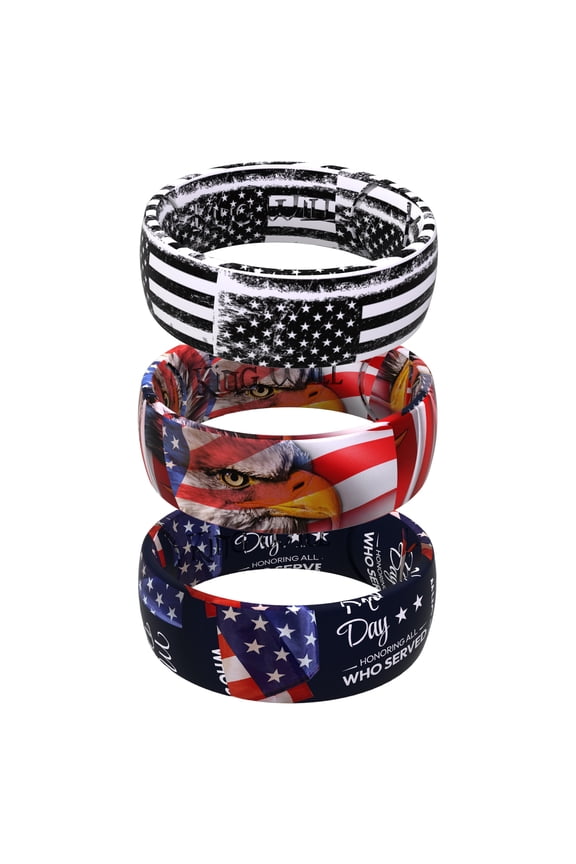 3PC Mens Silicone Rings Unisex Rubber Wedding Bands American Flag Printed Design Fashionable Male Ring for Gym Sports 7mm Wide 2mm Thick Breathable Flexible Comfort Fit Domed, Size 10