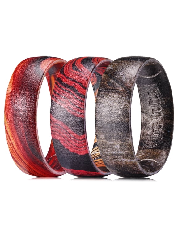 3PC Mens Silicone Rings Unisex Rubber Wedding Bands Wild Nature Wood Grain Design Vintage Male Ring for Gym Sports 7mm Wide 2mm Thick Breathable Flexible Comfort Fit Domed, Set A Size 10