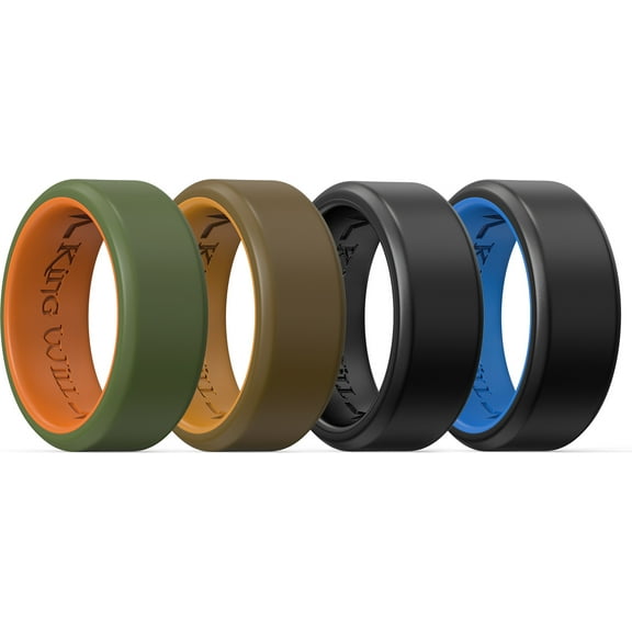 King Will 4 Pack Mens Silicone Rings, Unique Inner Heartbeat Design, 8mm Wide 2.2mm Thick, Breathable Rubber Wedding Bands, Comfort Fit Ring, Multi Colors, Size 8