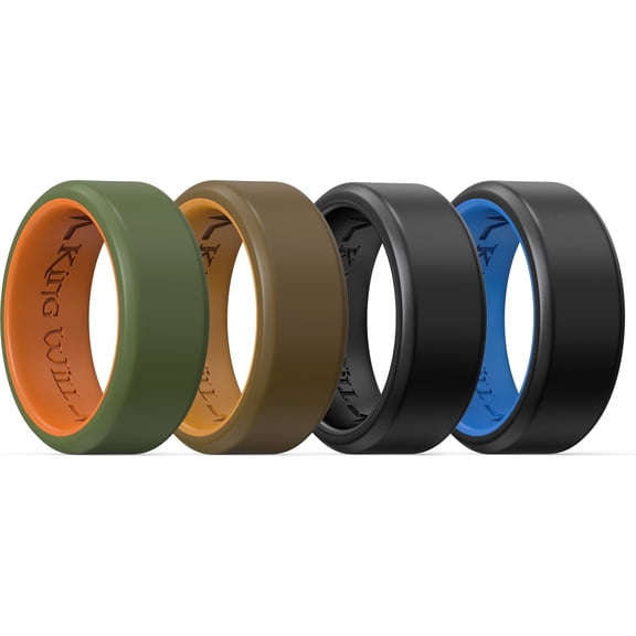 King Will 4 Pack Mens Silicone Rings, Unique Inner Heartbeat Design, 8mm Wide 2.2mm Thick, Breathable Rubber Wedding Bands, Comfort Fit Ring, Multi Colors, Size 8