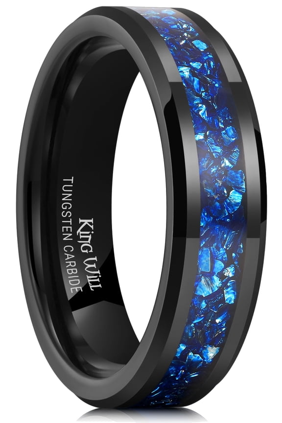 6mm Black Tungsten Rings, Men's Wedding Rings Blue Meteorite Inlay Beveled Edge Ring for Men Women, Comfort Fit, Durable, Size 13
