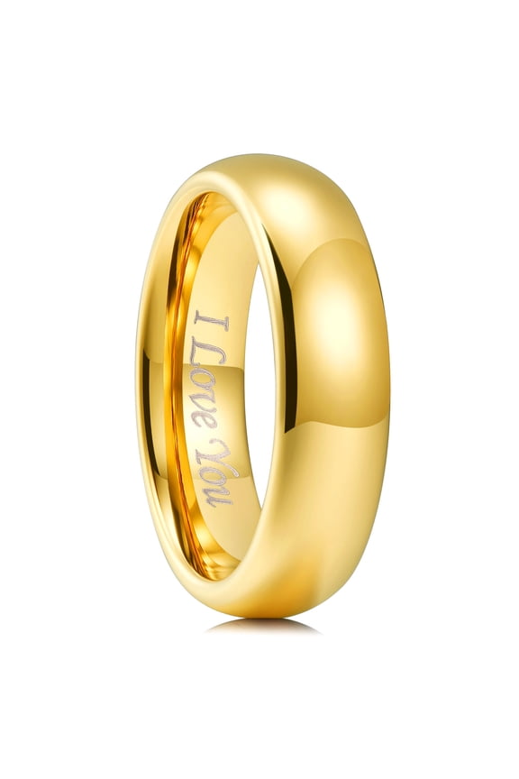 6mm 24K Gold Plated Tungsten Wedding Band Laser I Love You, Classic Promise Engagement Rings for Men Women Domed Style High Polish Ring for Couples Comfort Fit, Size 12