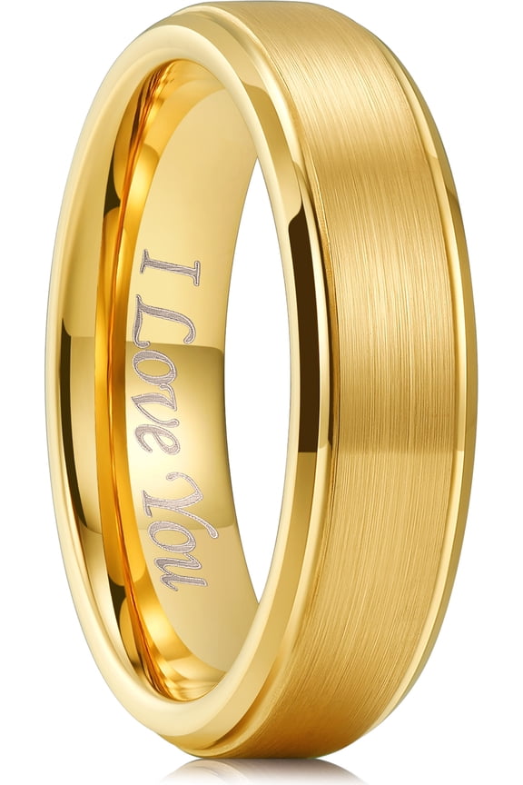 6mm 14K Gold Plated Wedding Band Laser I Love You, GLORY Tungsten Carbide Wedding Ring for Men Women Matte Brushed Ring for Couples, Step Edge Comfort Fit Size 11
