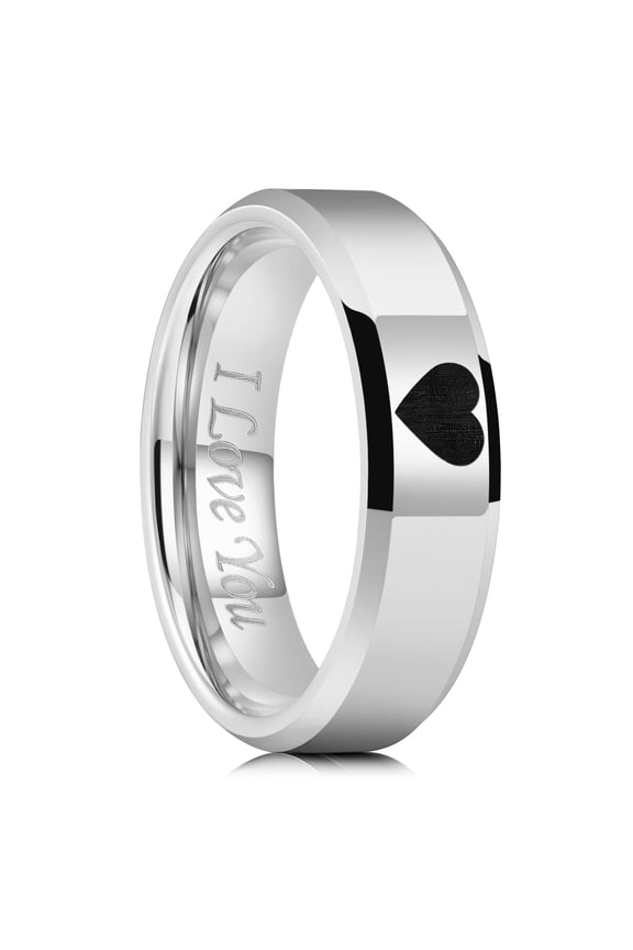 6mm Silver Tungsten Wedding Band Laser Heart & I Love You Design, Engagement Ring for Men Women High Polished Finish Ring for Couples, Beveled Edge Comfort Fit Size 11