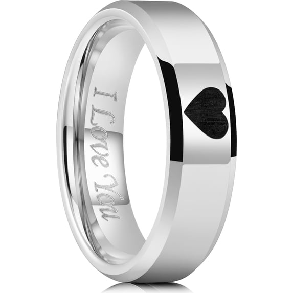 King Will 6mm Silver Tungsten Wedding Band Laser Heart & I Love You Design, Engagement Ring for Men Women High Polished Finish Ring for Couples, Beveled Edge Comfort Fit Size 9